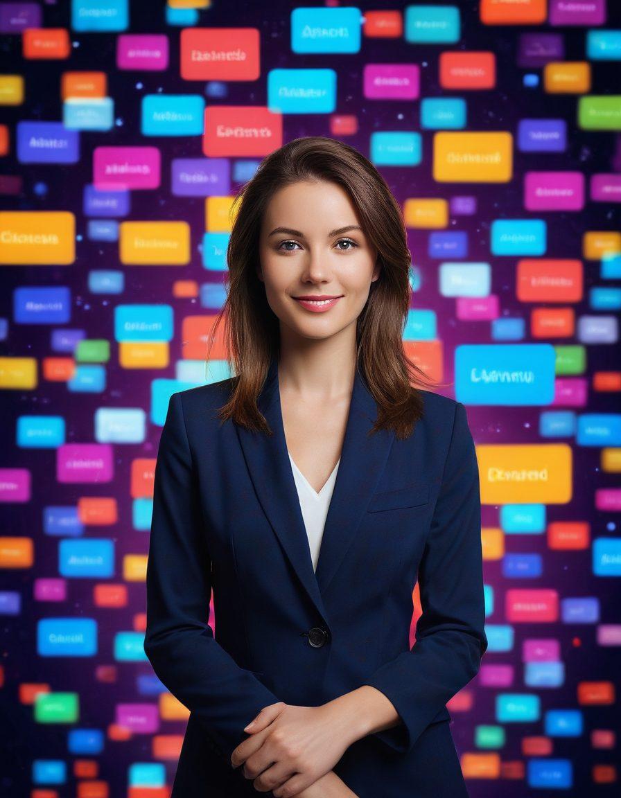 An illustrated digital landscape featuring a confident woman named Alicia skillfully navigating through various colorful insurance quotes displayed on floating screens around her. She is surrounded by glowing digital elements, symbolizing ease of access and modern technology. Cheerful and inviting ambiance that conveys a sense of guidance in decision-making. bright colors. vector art.