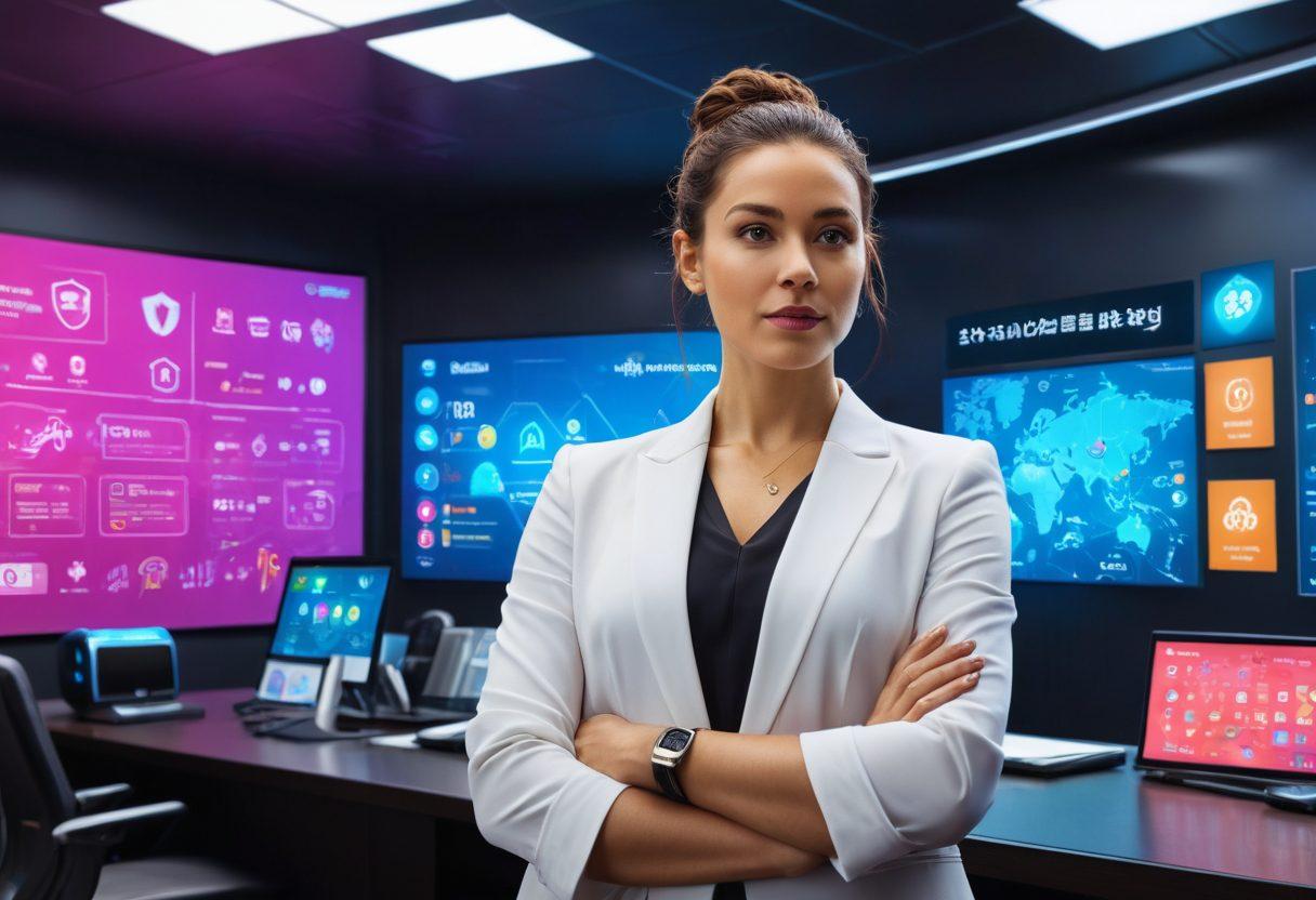 A modern digital landscape filled with various insurance policy icons like homes, cars, and health symbols. In the foreground, a professional woman named Alicia is navigating a high-tech virtual interface, comparing quotes with holographic displays. The background features a city skyline blending technology and finance, conveying trust and security. Emphasize vibrant colors to capture attention and a sleek, futuristic design. super-realistic. bright colors. modern style.